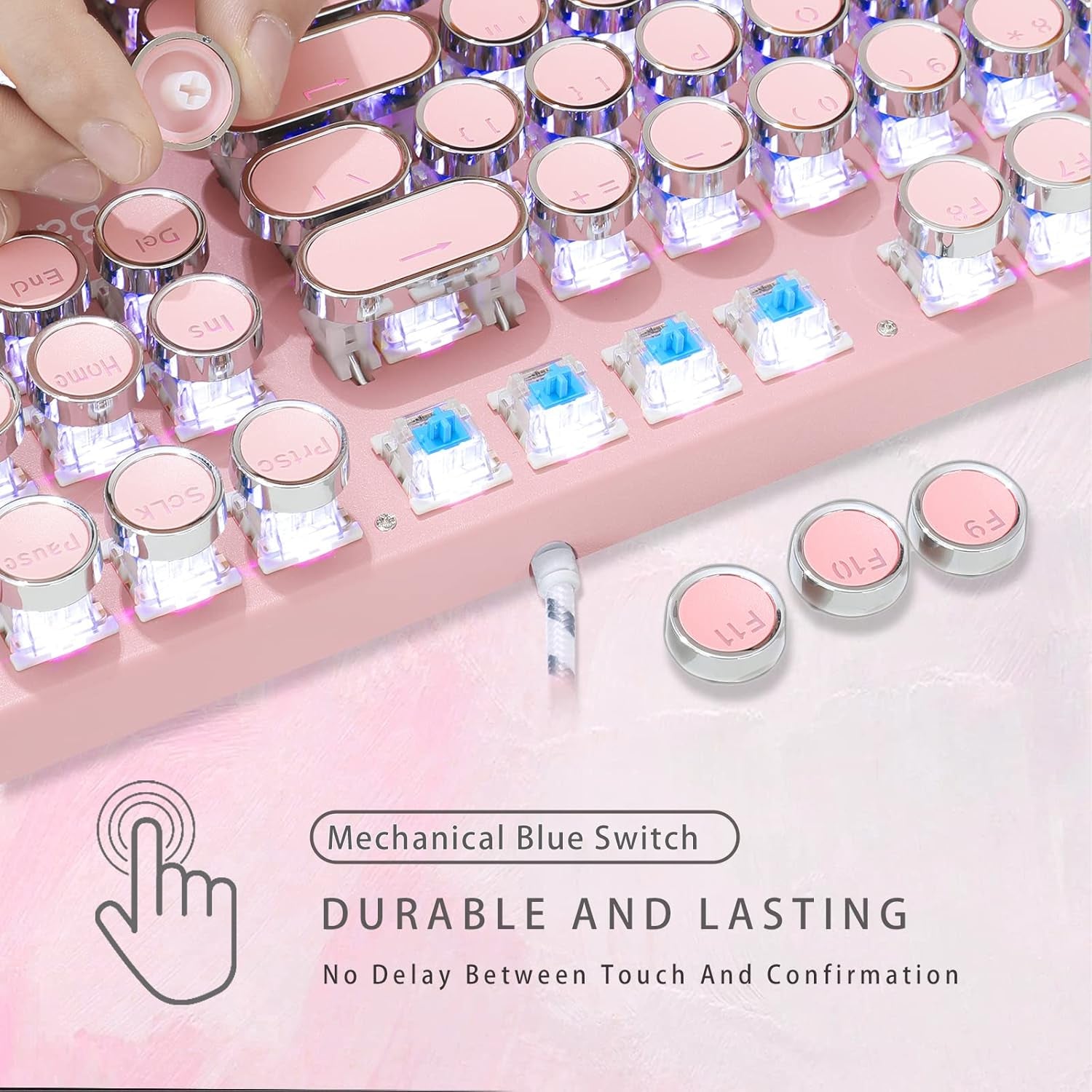 Pink Retro Keycaps for Typewriter Keyboard, Custom Keycaps for Retro DIY Keyboard, Removable Keycaps for 104 Full Size Steampunk Light up Keyboard
