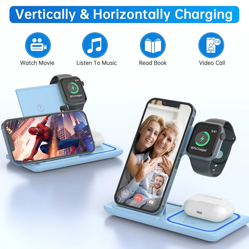 Wireless Charger for Multiple Devices, 18W 3 in 1 Wireless Iphone Charging Station for Iphone 16 15 14 13 12 11 Pro Max XS XR X 8 Plus, Iwatch 10 9 8 7 6 5 4 3 2 SE, Airpods 4 3 2 Pro (Blue)